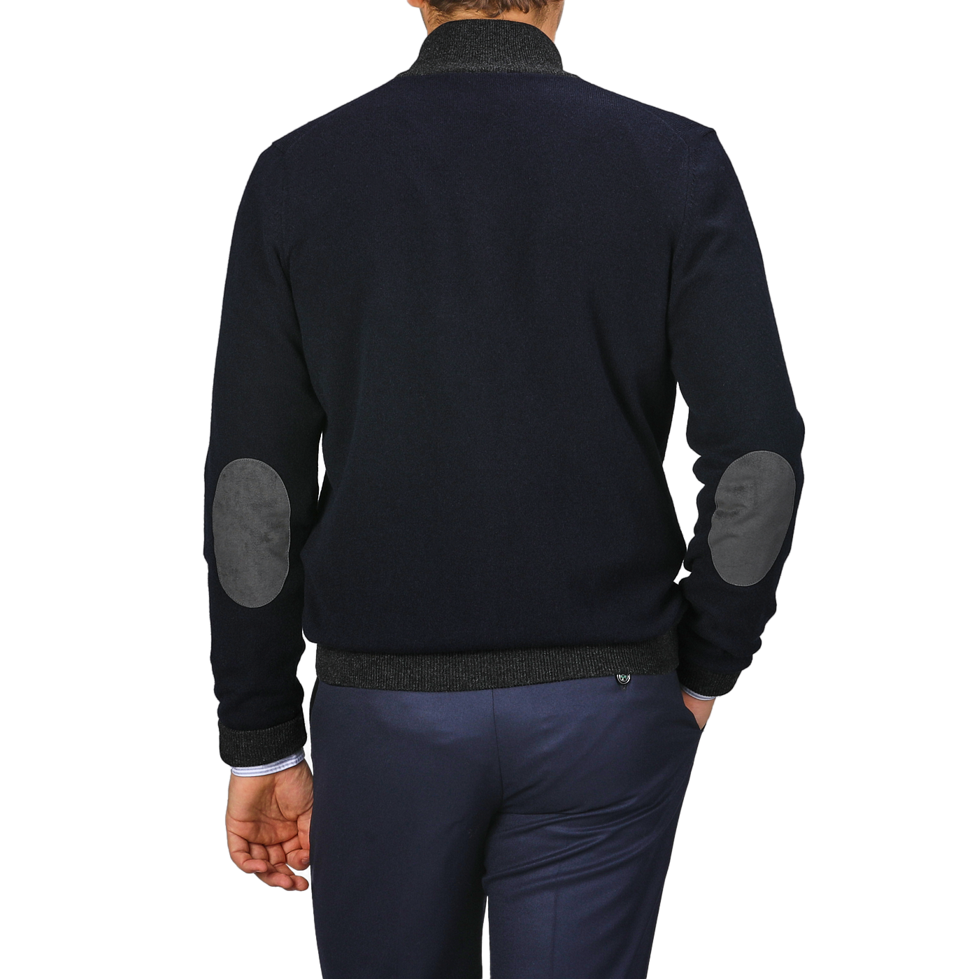 A person wearing a Gran Sasso Navy Blue Wool Cashmere Zip Cardigan, potentially layered over premium knitwear, is seen from the back against a plain background.