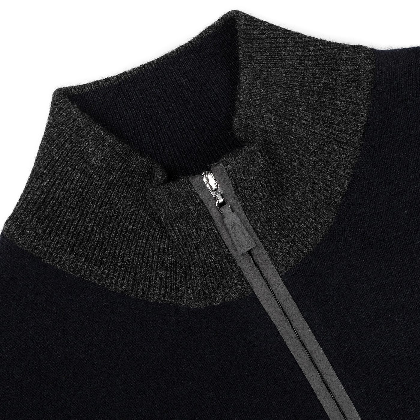 Close-up of the Gran Sasso Navy Blue Wool Cashmere Zip Cardigan's collar, highlighting a front zipper and ribbed texture, exemplifying premium knitwear.