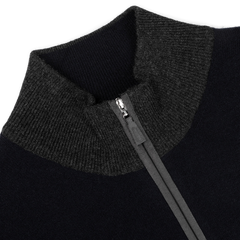 Close-up of the Gran Sasso Navy Blue Wool Cashmere Zip Cardigan's collar, highlighting a front zipper and ribbed texture, exemplifying premium knitwear.