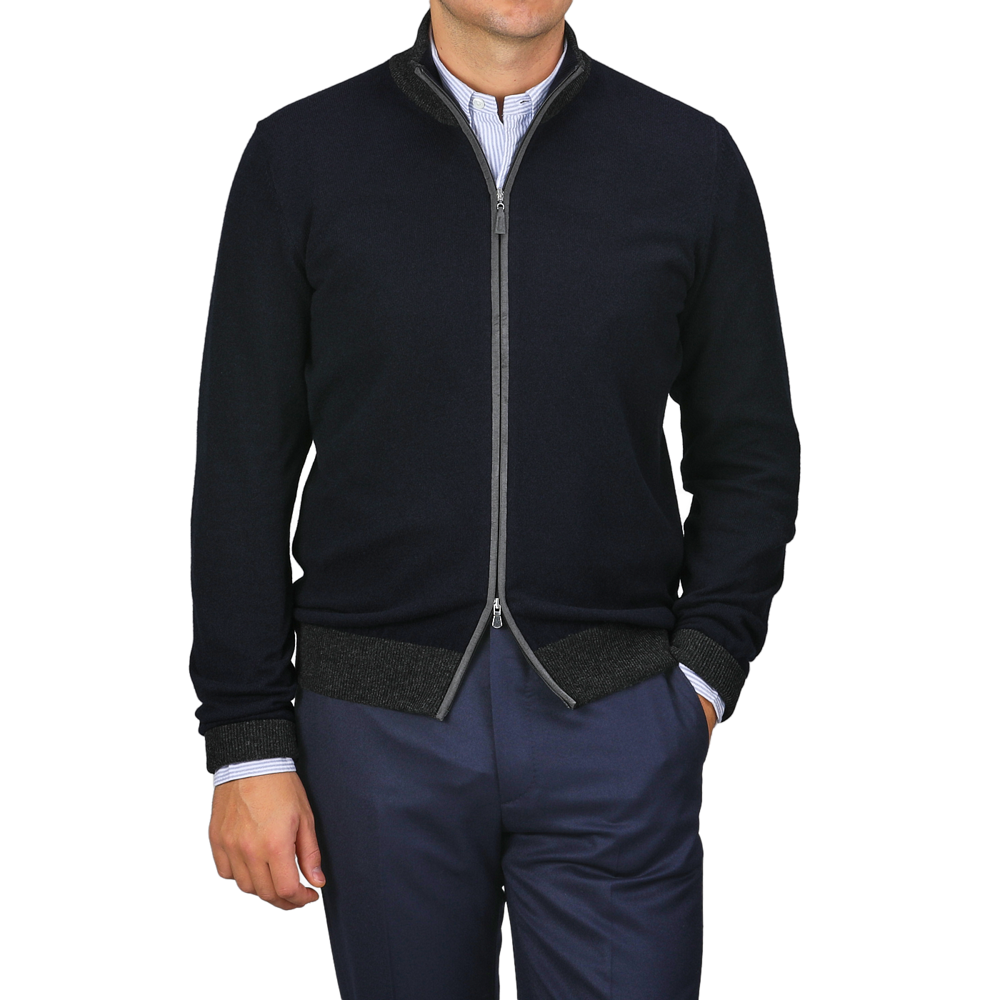 A person stands casually with one hand in their pocket, wearing Gran Sasso's Navy Blue Wool Cashmere Zip Cardigan over a striped shirt and navy pants.