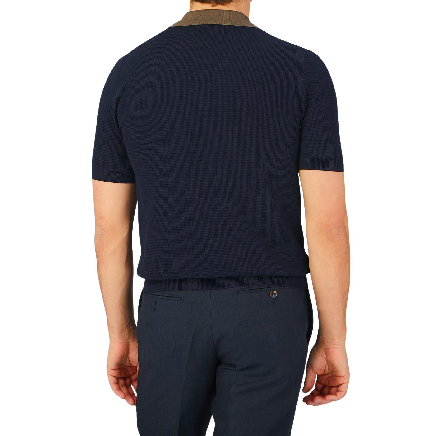A man is seen from the back, wearing a Gran Sasso Navy Fresh Cotton Contrast Collar Polo Shirt.