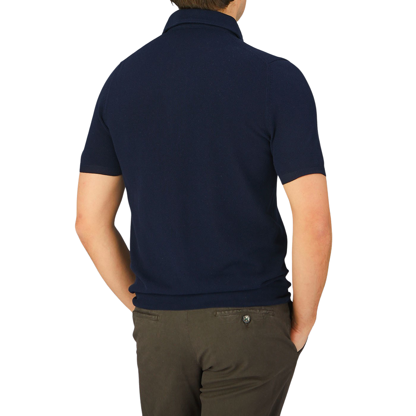 The back view of a man wearing a Gran Sasso Navy Fresh Cotton Mesh Polo Shirt.