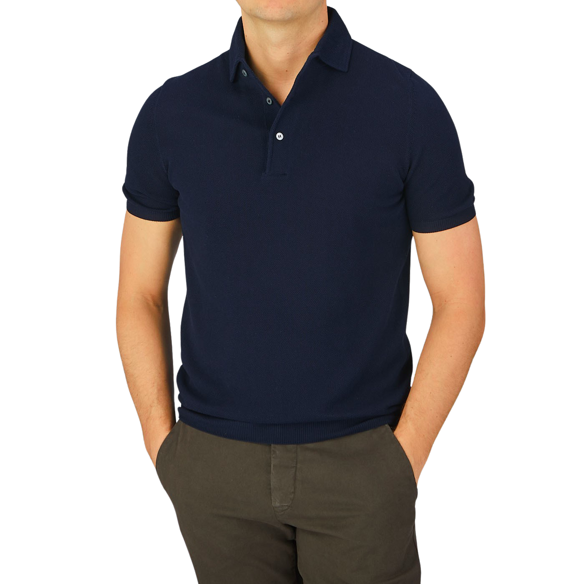 A man wearing a Navy Fresh Cotton Mesh Polo Shirt by Gran Sasso.