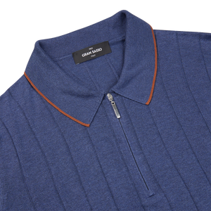 A Gran Sasso Dark Blue Knitted Silk Zip Polo Shirt with a zipper on the collar.
