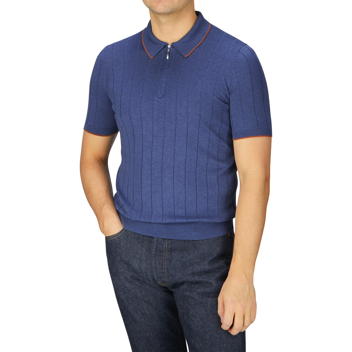 A man dressed in a Gran Sasso dark blue knitted silk zip polo shirt and jeans.