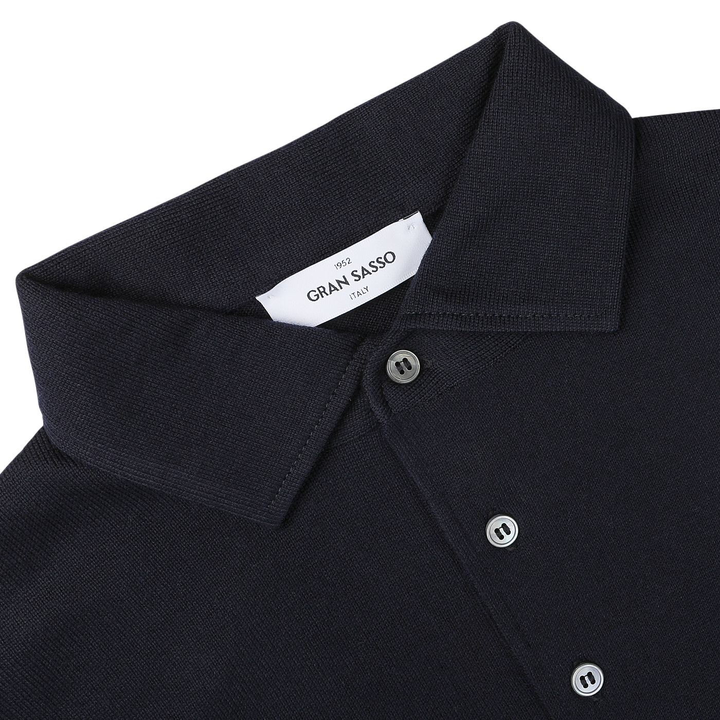 Close-up of the Navy Merino Wool One-Piece Collar Polo Shirt by Gran Sasso, crafted from extra-fine merino wool and featuring buttons with a visible brand label reading "Gran Sasso.