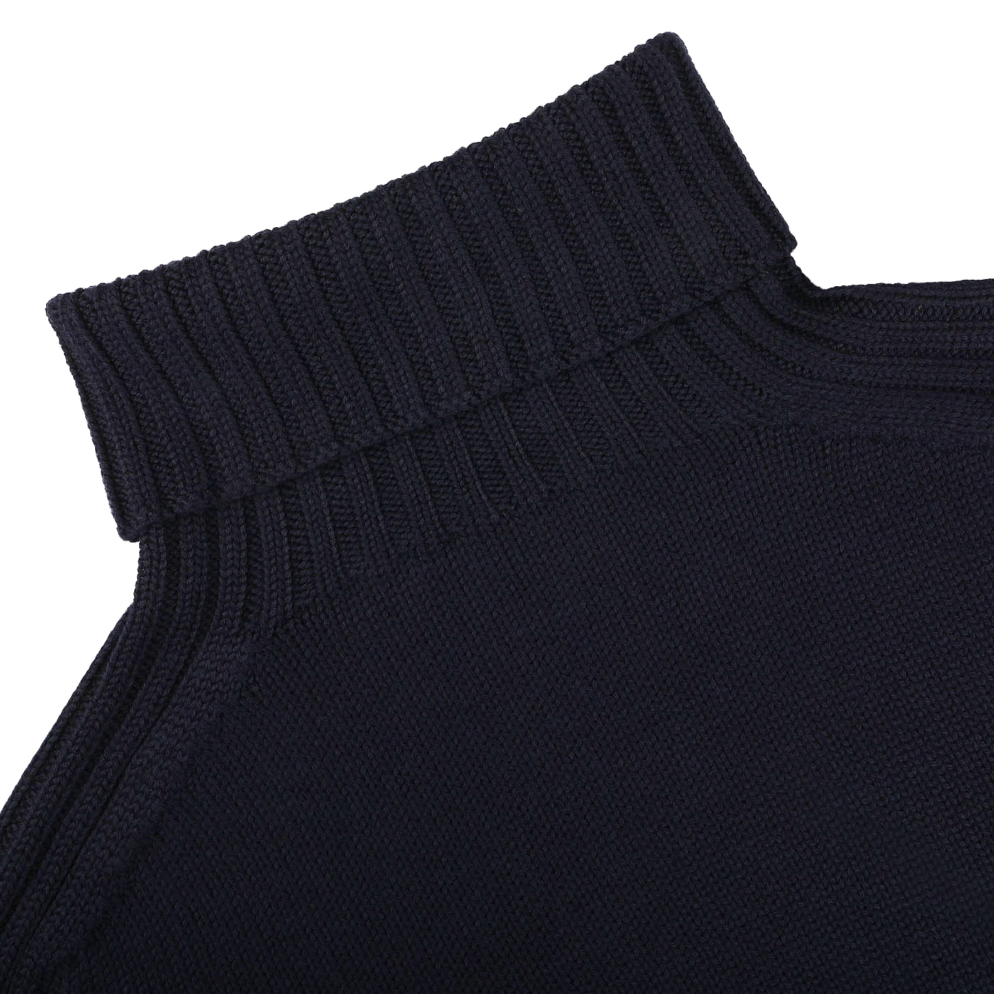 Close-up of the Navy Rain Wool Rib Roll Neck by Gran Sasso, showcasing a high ribbed turtleneck collar that is both water- and stain-resistant, crafted with Zegna Baruffa rain wool.