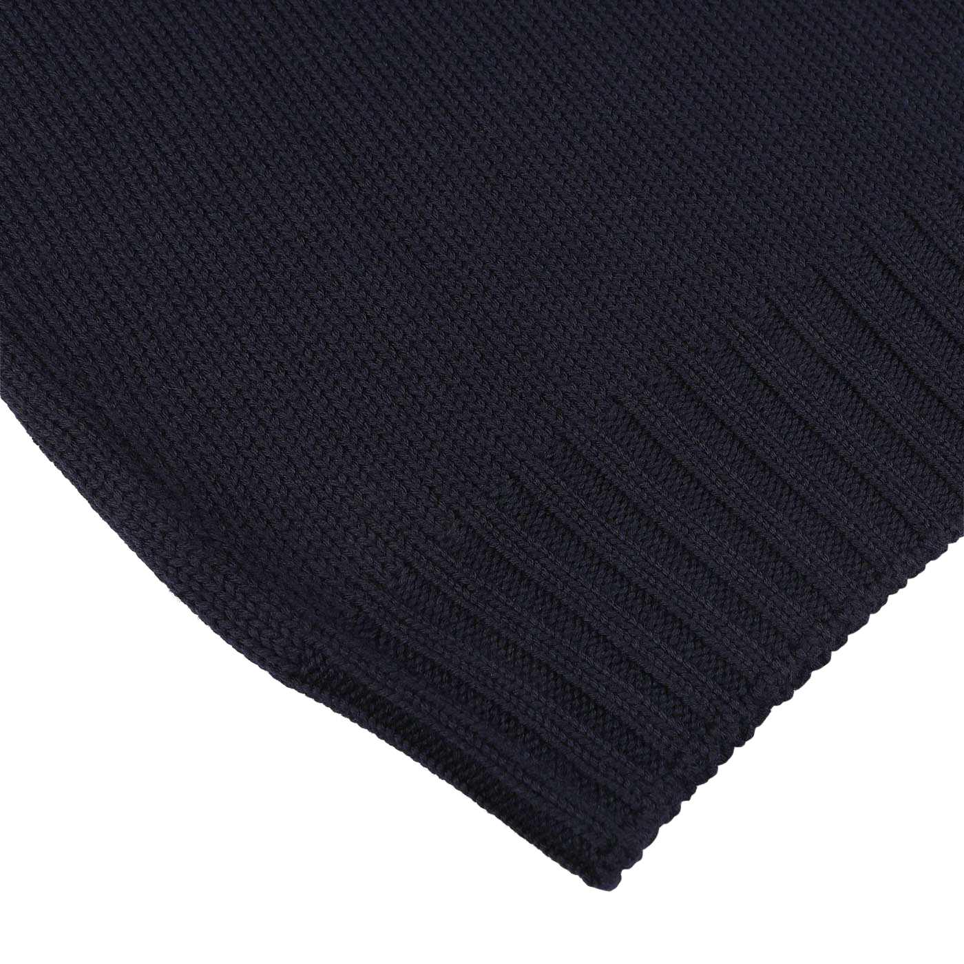 Close-up of the ribbed hem of a dark navy Navy Rain Wool Rib Roll Neck, showcasing the exquisite craftsmanship and durability of Gran Sasso's Zegna Baruffa rain wool.