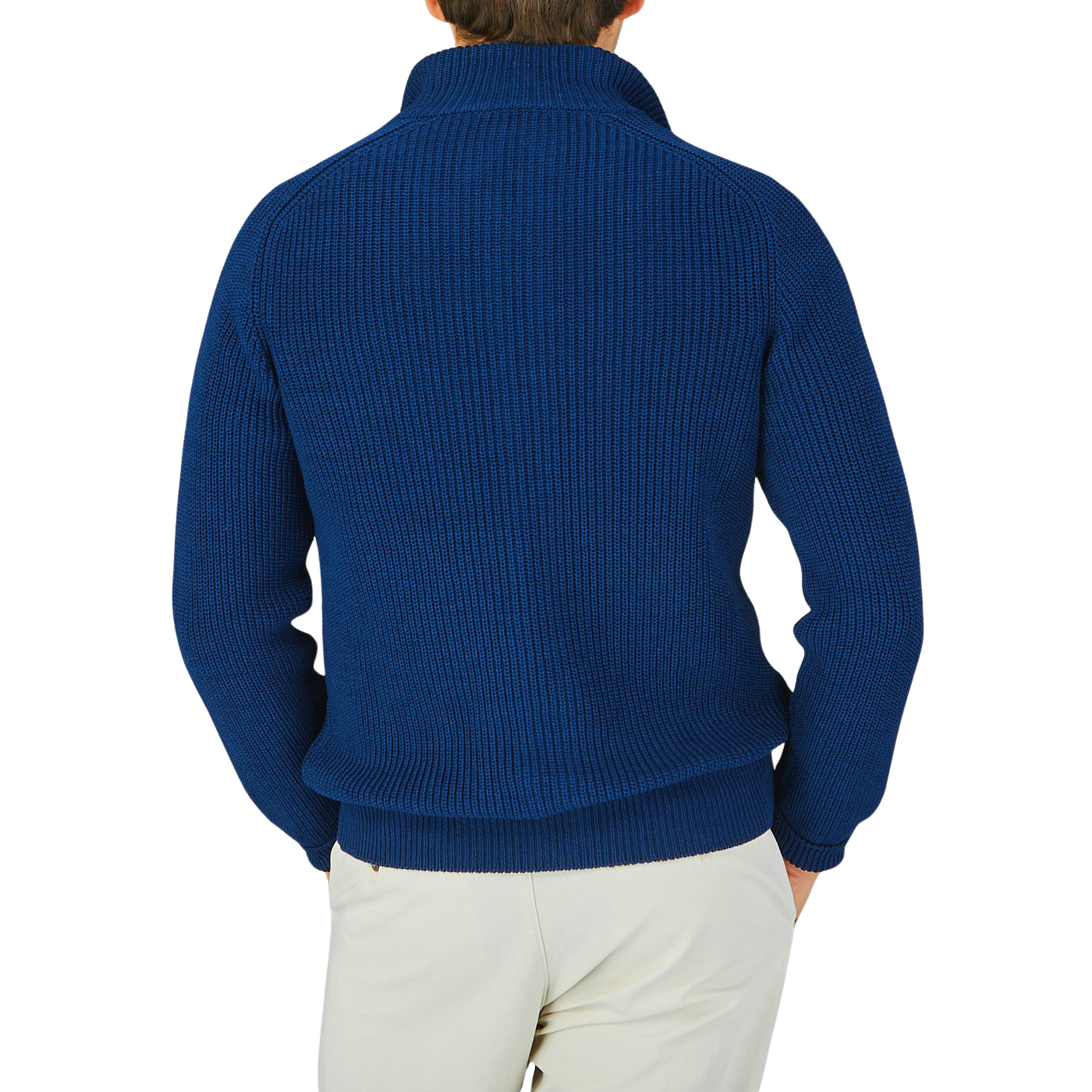 The back view of a man wearing a Gran Sasso Dark Blue Rib Stitch Cotton Full-Zip Sweater.