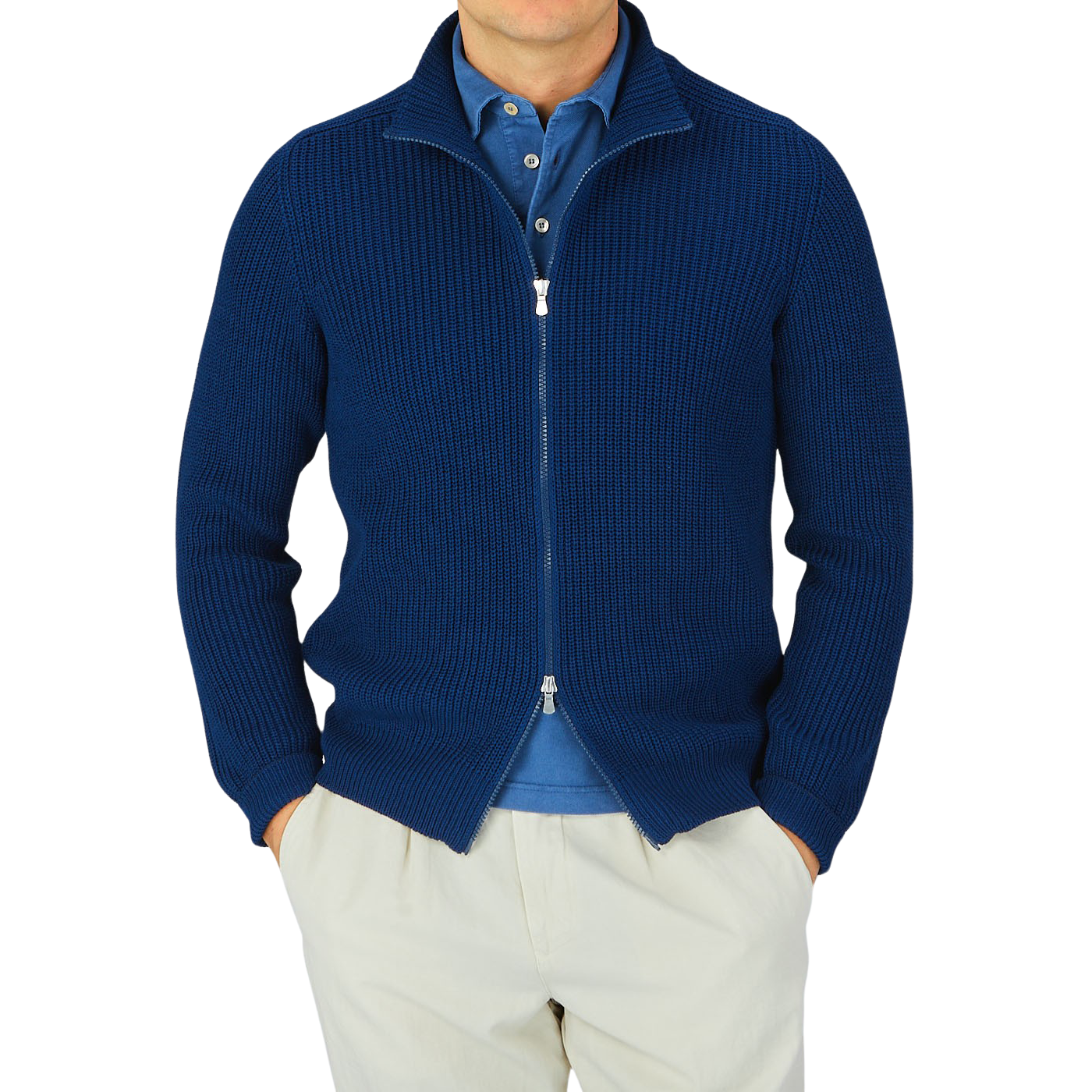 A man wearing a Gran Sasso Dark Blue Rib Stitch Cotton Full-Zip Sweater.