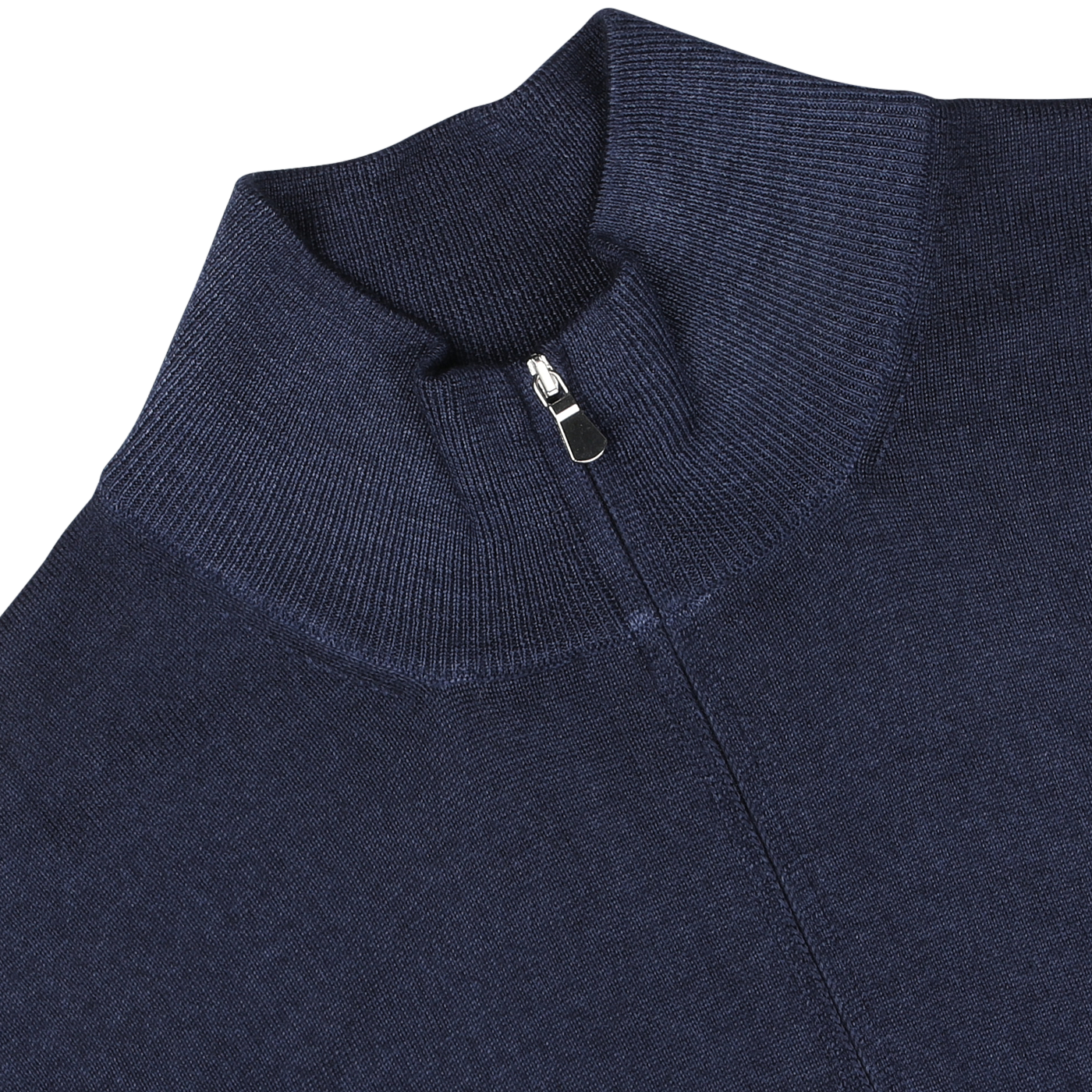 Close-up of the Gran Sasso Navy Vintage Merino Wool Zip Cardigan featuring a half-zip collar and silver zipper detail. Crafted from pure merino wool, the knit fabric boasts a ribbed texture, giving it a vintage feel. The sweater is laid flat on a gray background.