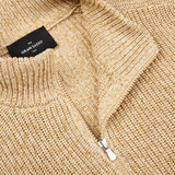 A close up of a Gran Sasso Oat Beige Rib Stitch Cotton 1/4 Zip Sweater in an oat beige melange color.