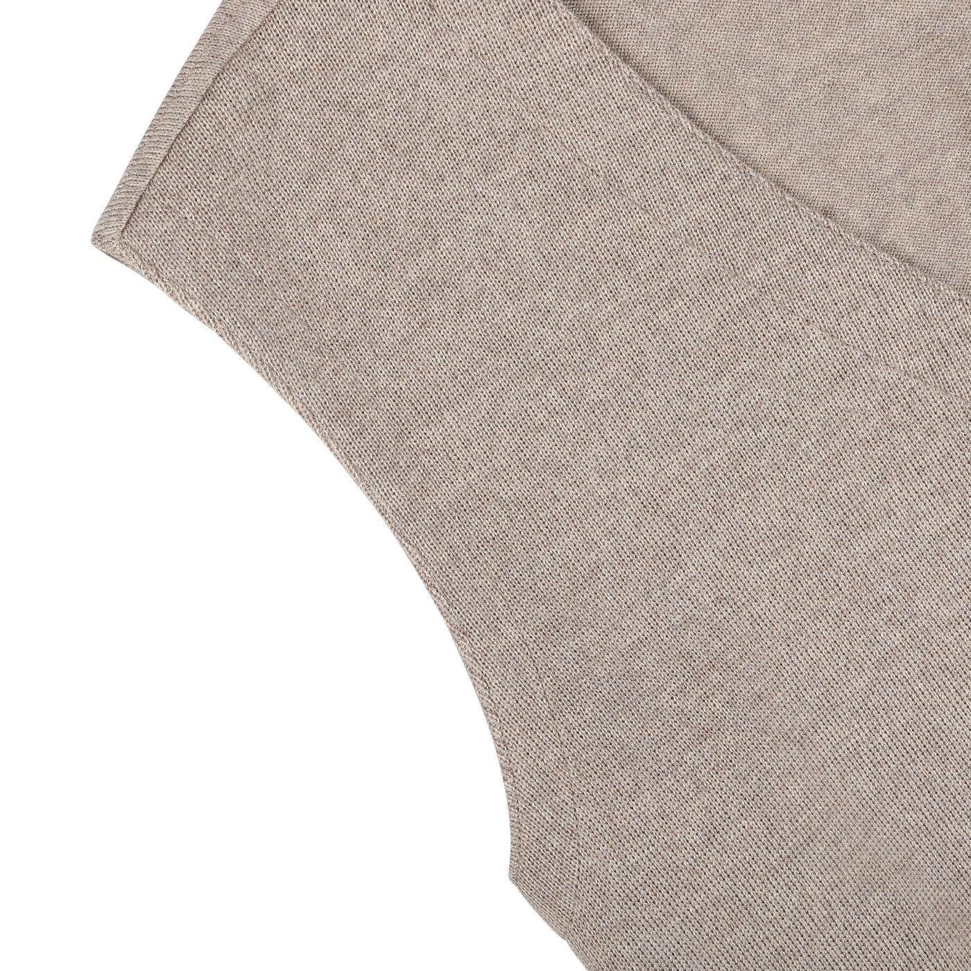 Close-up of a light brown textured merino wool fabric with visible stitching, showcasing the intricate detail of a corner and curved edge from a Gran Sasso Oatmeal Beige Knitted Merino Wool Waistcoat.