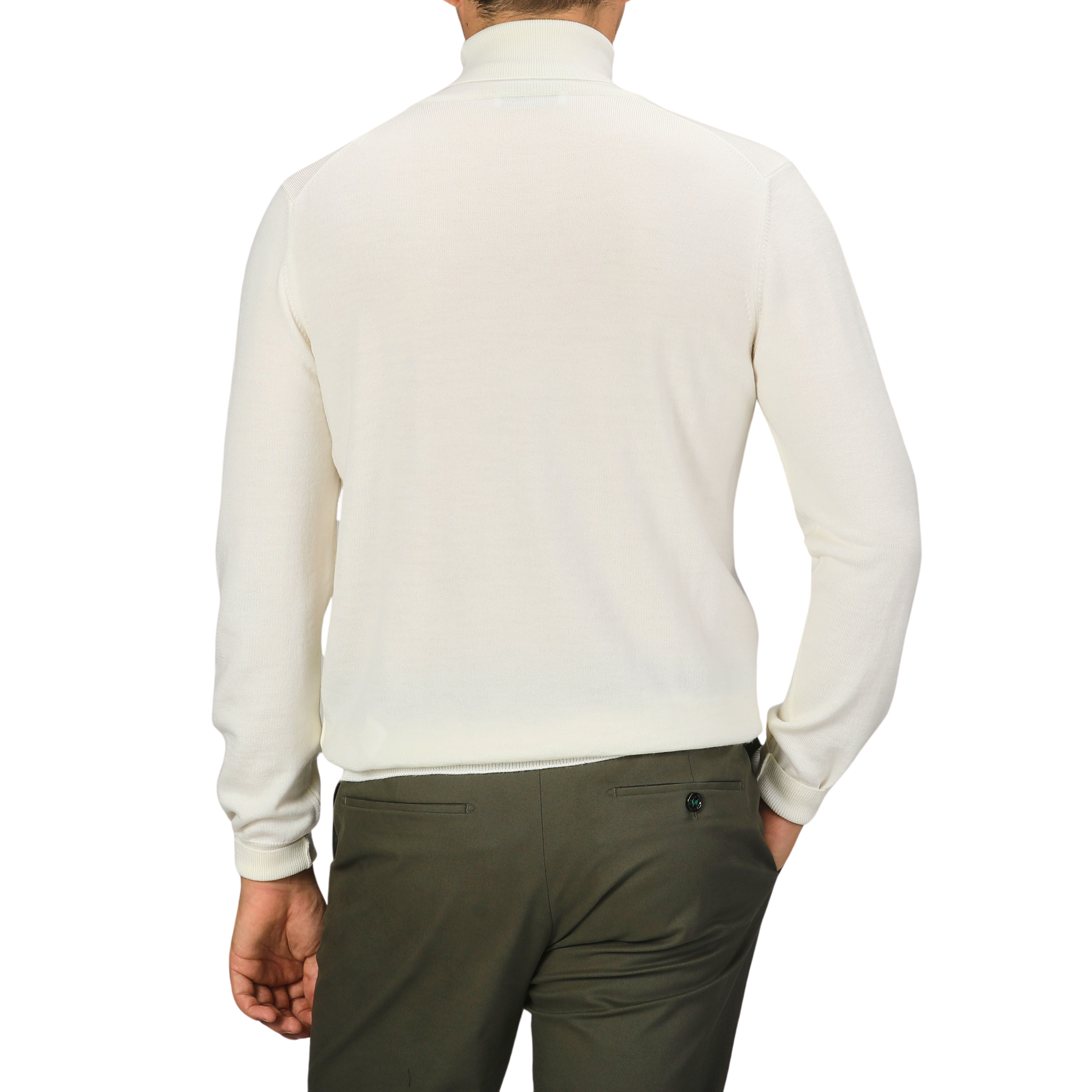 A person wearing an off-white Gran Sasso Extra Fine Merino Roll Neck and dark green pants is shown from the back.