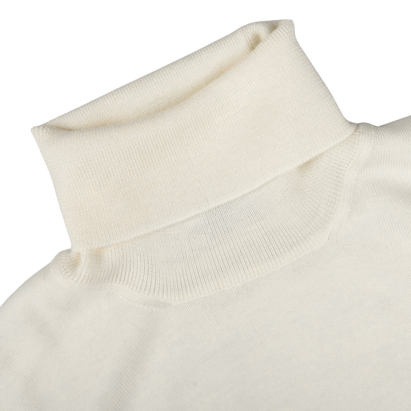 Close-up image of an Off White Extra Fine Merino Roll Neck by Gran Sasso, showing the neckline and part of the upper shoulder.