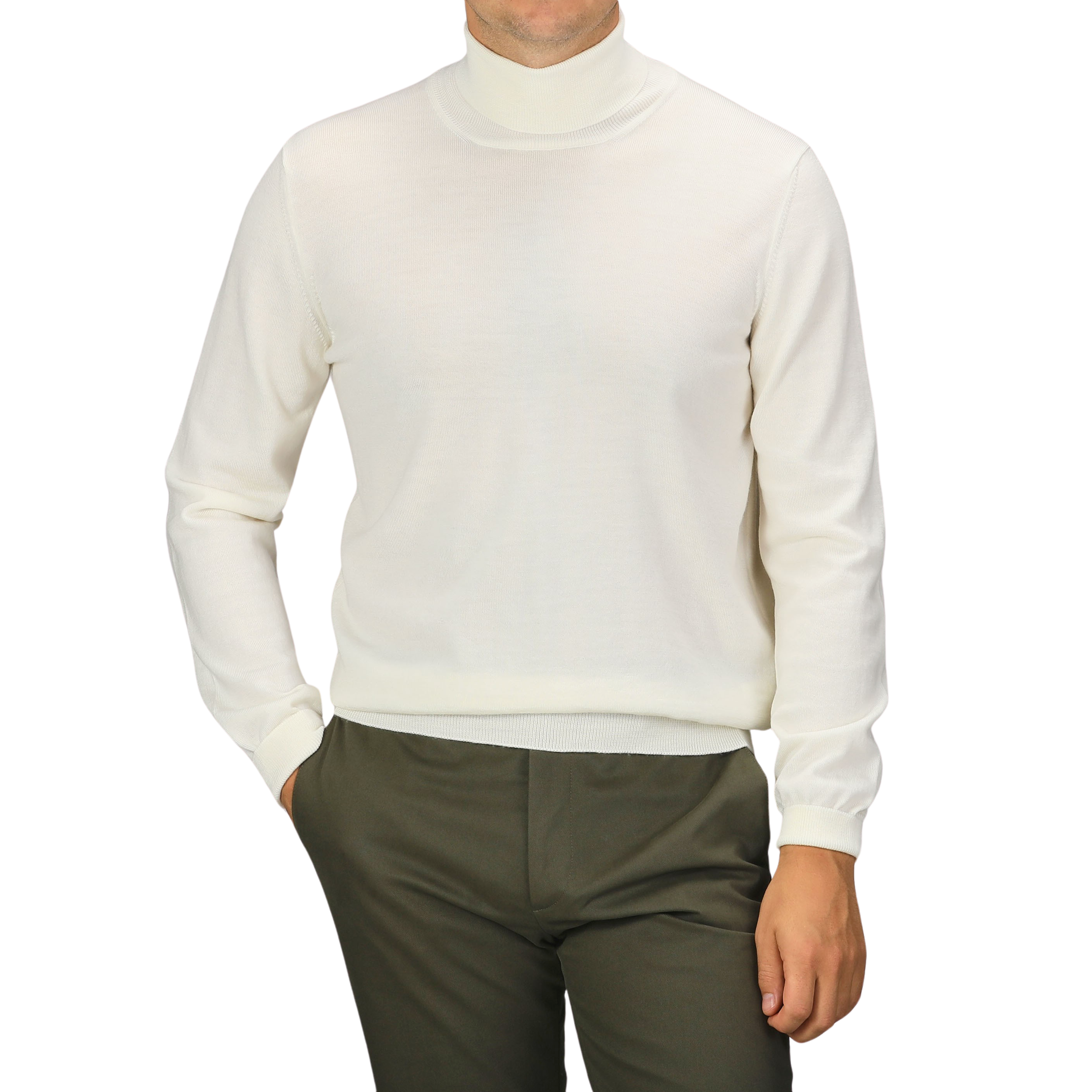 A person wearing an Off White Extra Fine Merino Roll Neck sweater from Gran Sasso and green pants, with their right hand in their pocket.