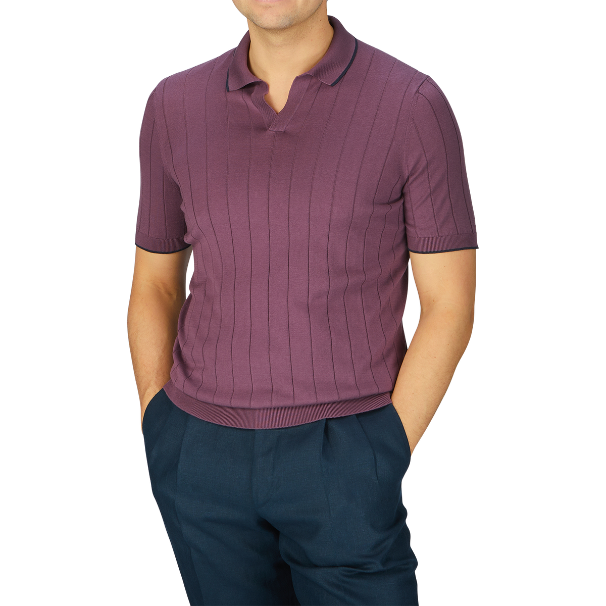 A man wearing a Gran Sasso Plum Knitted Silk Polo Shirt and blue pants.