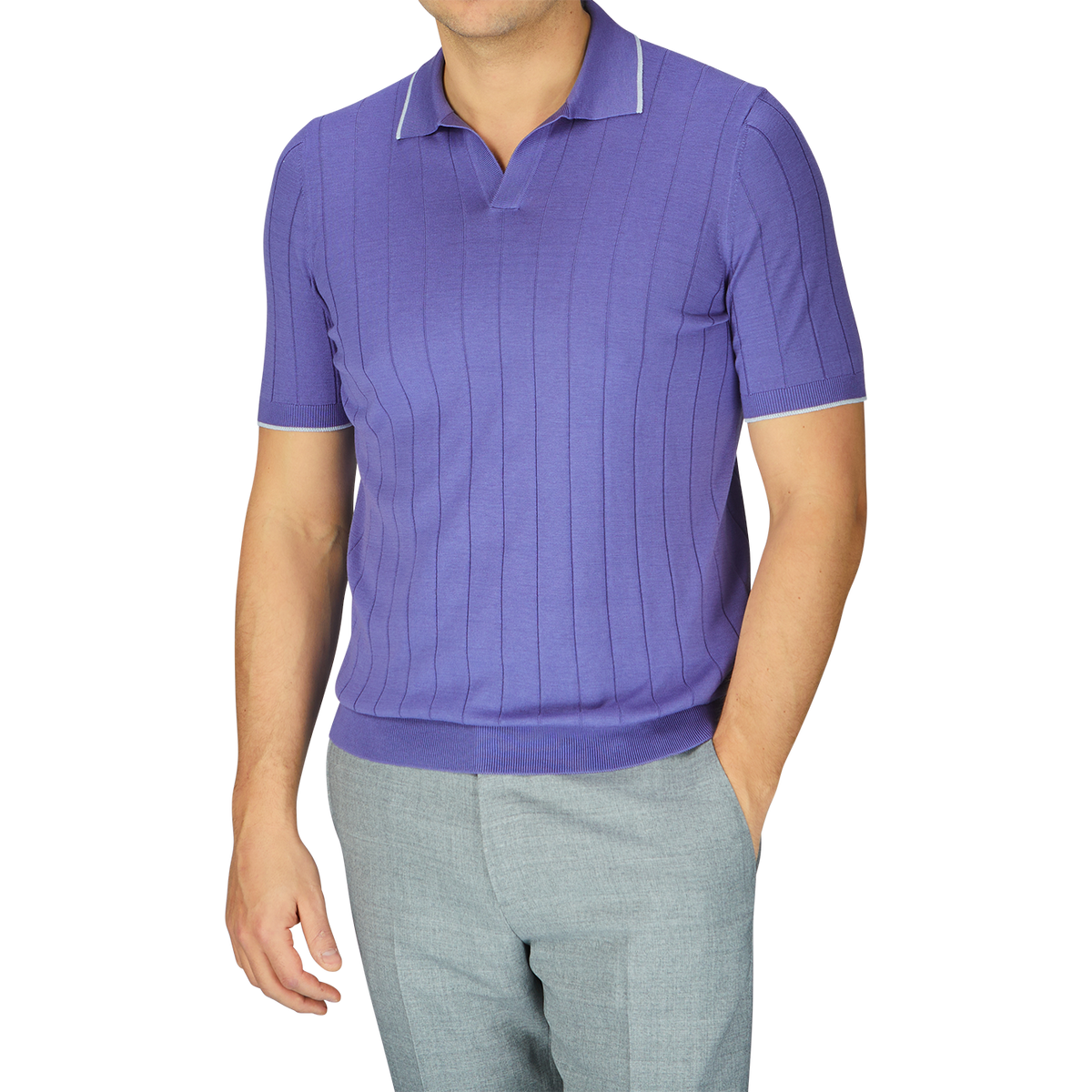 A man in a purple Gran Sasso Knitted Silk polo shirt.