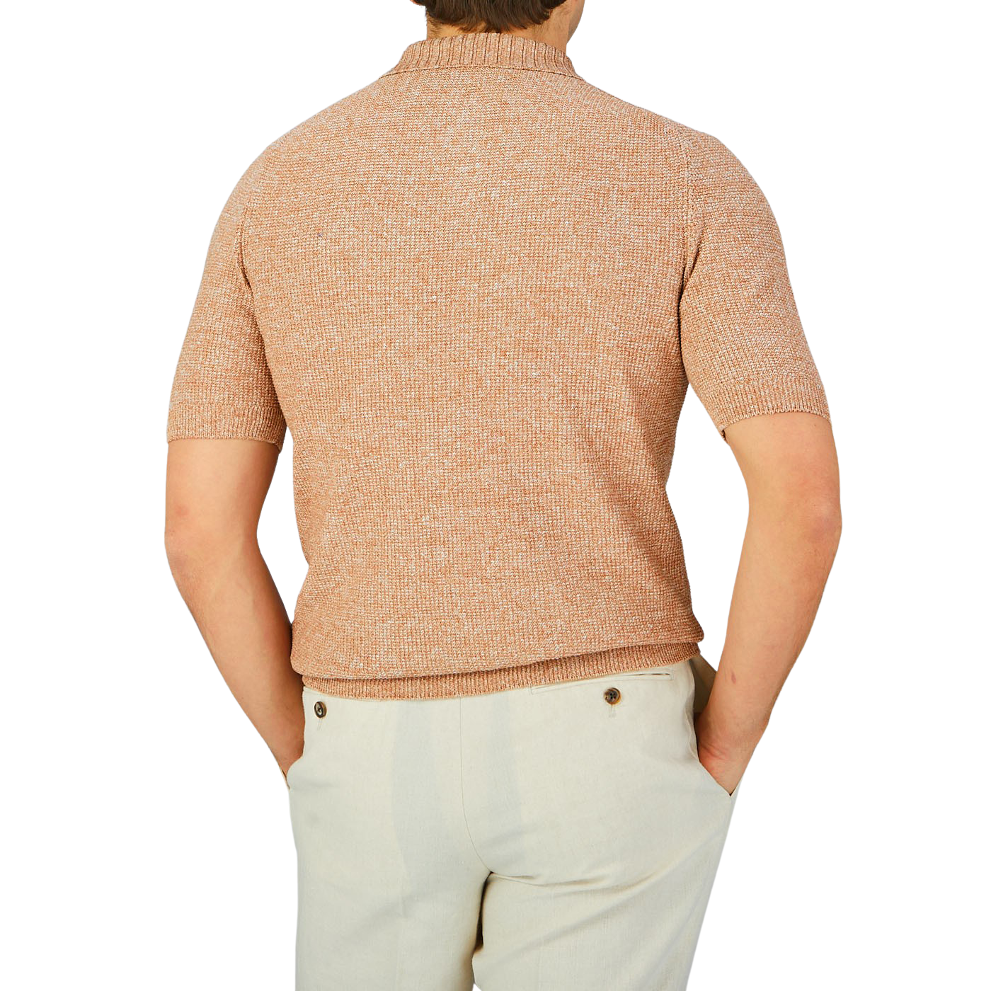 The back view of a man wearing a Gran Sasso Rust Orange Cotton Linen Polo Shirt.