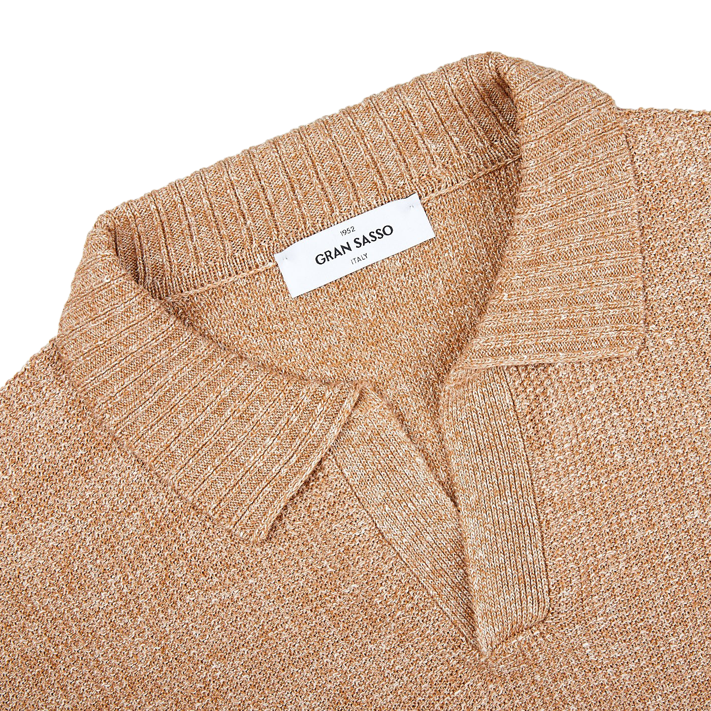 A close up of a Gran Sasso Rust Orange Cotton Linen Polo Shirt.