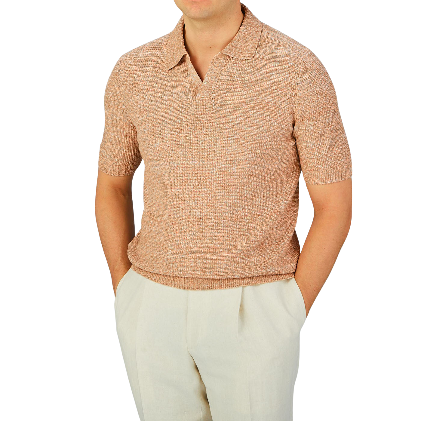 A man wearing a rust orange Gran Sasso "Rust Orange Cotton Linen Polo Shirt" and white pants.