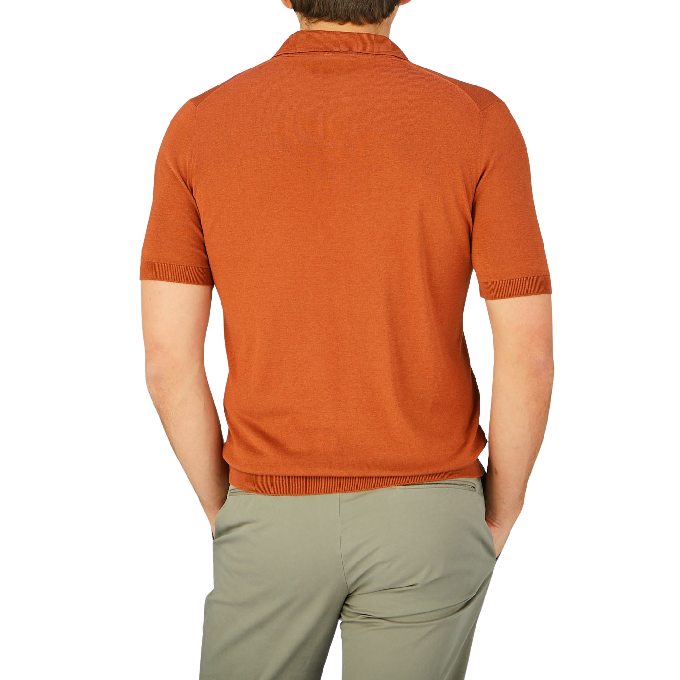 The back view of a man wearing a Gran Sasso Rust Orange Knitted Silk Polo Shirt.