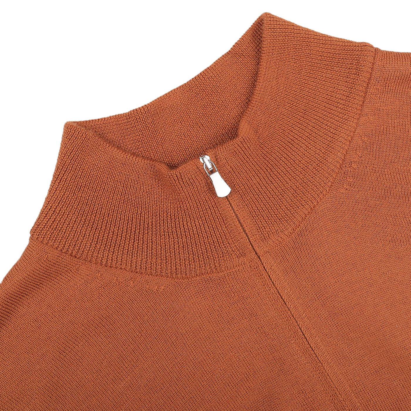 Close-up of a Gran Sasso zip cardigan in sienna brown, expertly crafted from extrafine merino wool, showcasing a partially closed visible zipper at the collar.