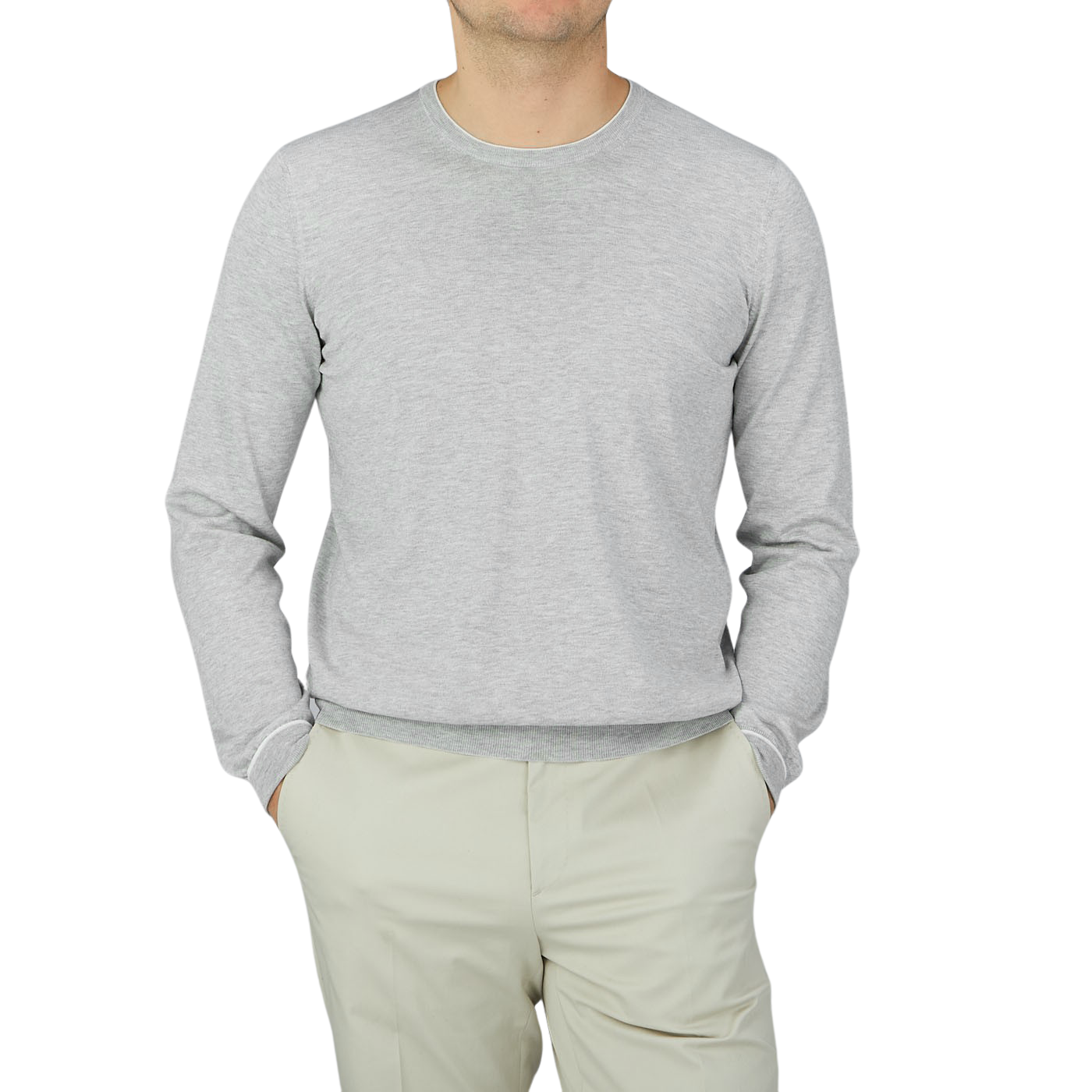 A man wearing a Silver Grey Silk Cotton Crewneck Sweater by Gran Sasso in a summer version.