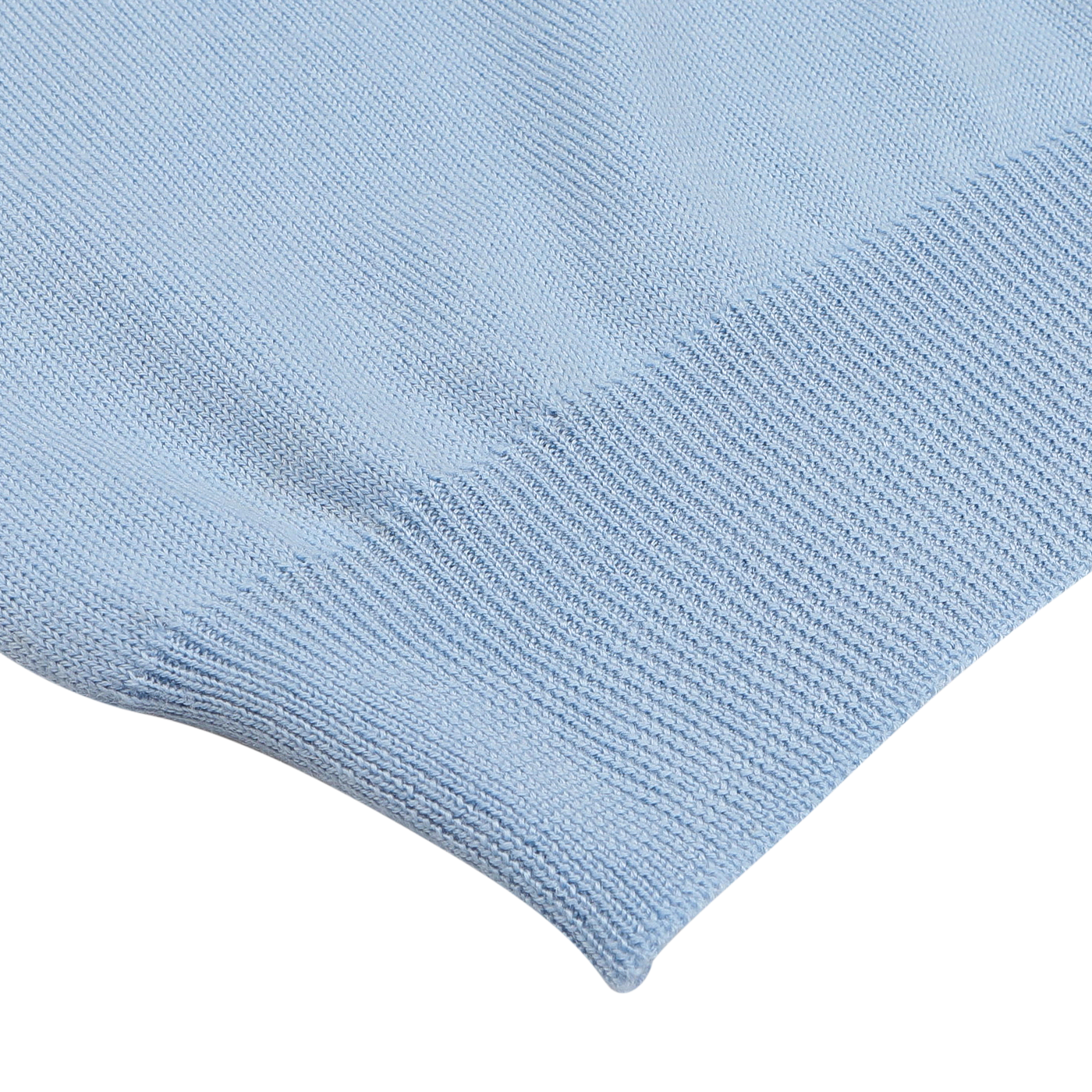 Close-up of a Sky Blue Merino Wool One-Piece Collar Polo Shirt by Gran Sasso, featuring a knitted fabric with a ribbed hem crafted from fine merino wool.