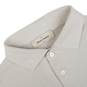 Gran Sasso Taupe Beige Organic Cotton LS Polo Shirt, with a close-up view of the collar and top buttons displaying the brand label "Gran Sasso.