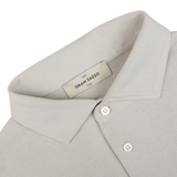 Gran Sasso Taupe Beige Organic Cotton LS Polo Shirt, with a close-up view of the collar and top buttons displaying the brand label "Gran Sasso.