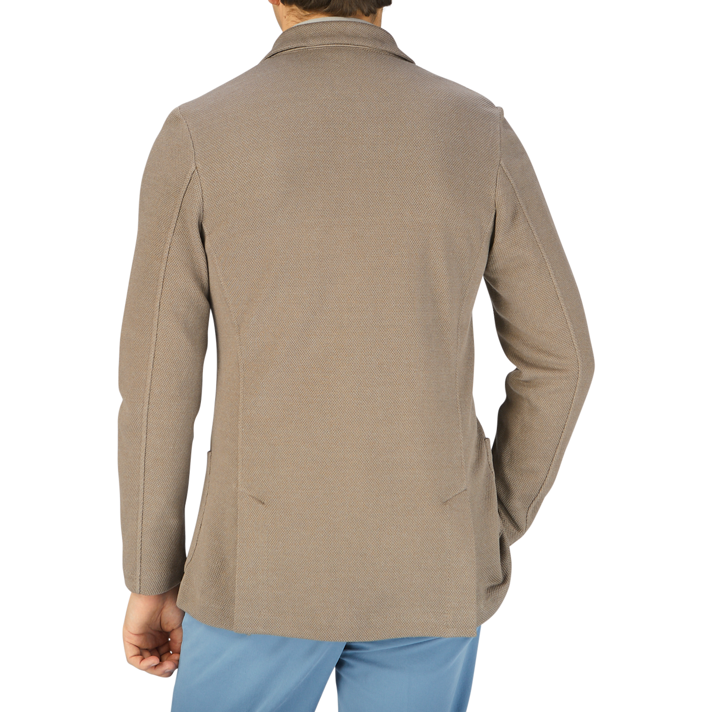 The back view of a man wearing a Gran Sasso Taupe Brown Cotton Linen Knitted Blazer.