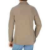 The back view of a man wearing a Gran Sasso Taupe Brown Cotton Linen Knitted Blazer.