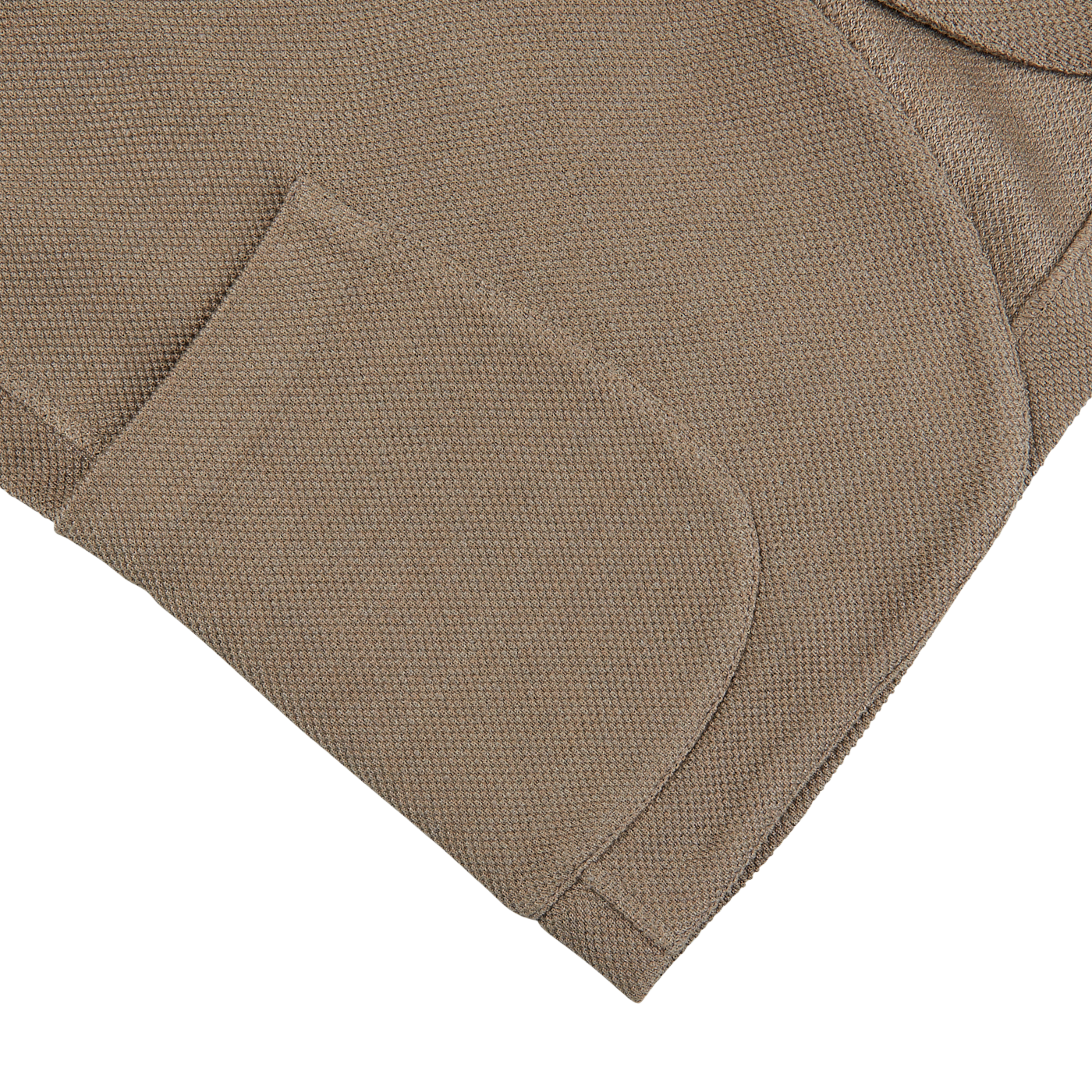 A close up of a Gran Sasso Taupe Brown Cotton Linen Knitted Blazer pocket on a white surface.