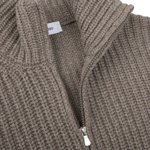 A close up of a Gran Sasso Taupe Wool Cashmere Heavy Knitted Full-Zip Cardigan.