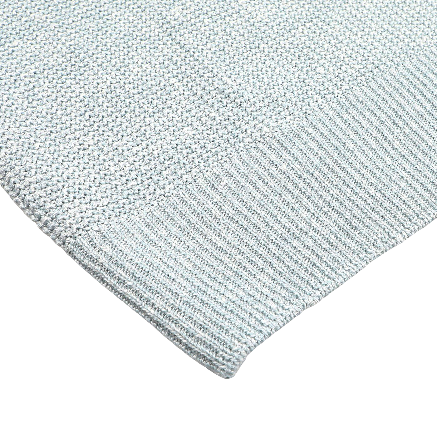 Close-up of a turquoise knit featuring ribbed edges, crafted from cotton-linen thread, by Gran Sasso. Displayed on a white background.