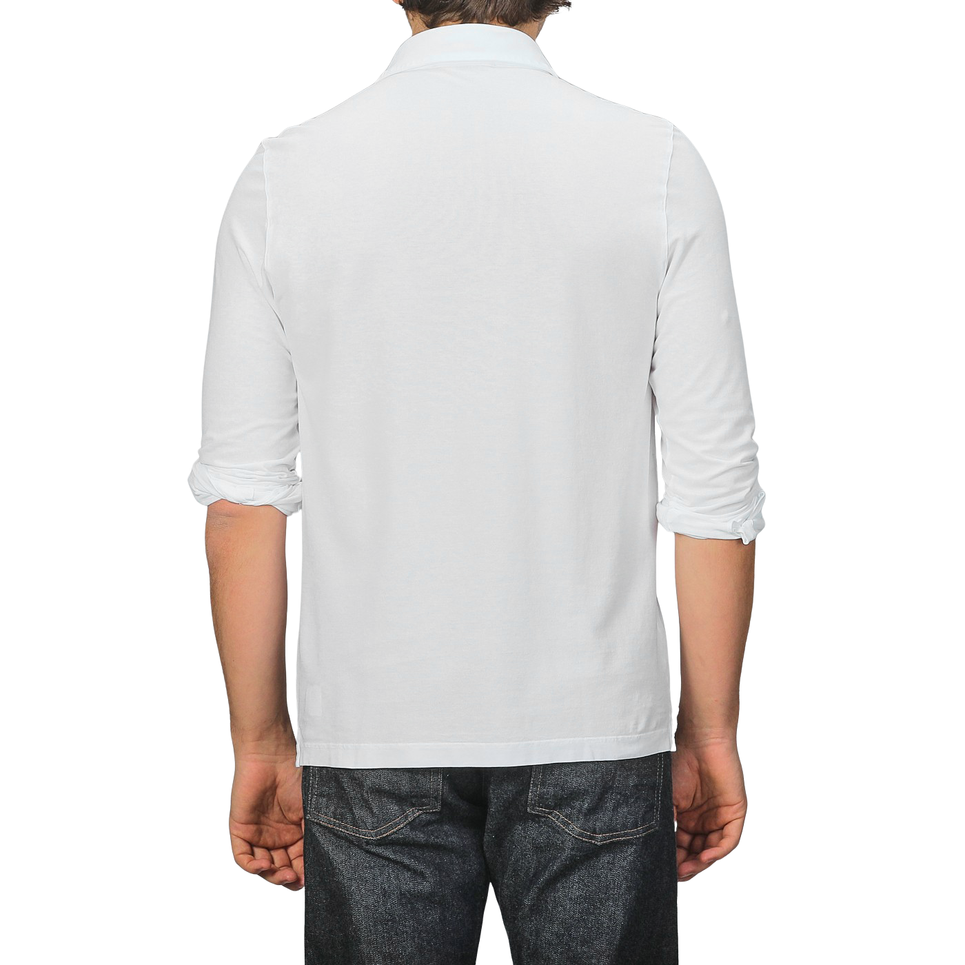 A person wearing a White Washed Cotton Popover Shirt by Gran Sasso and dark jeans, viewed from the back.