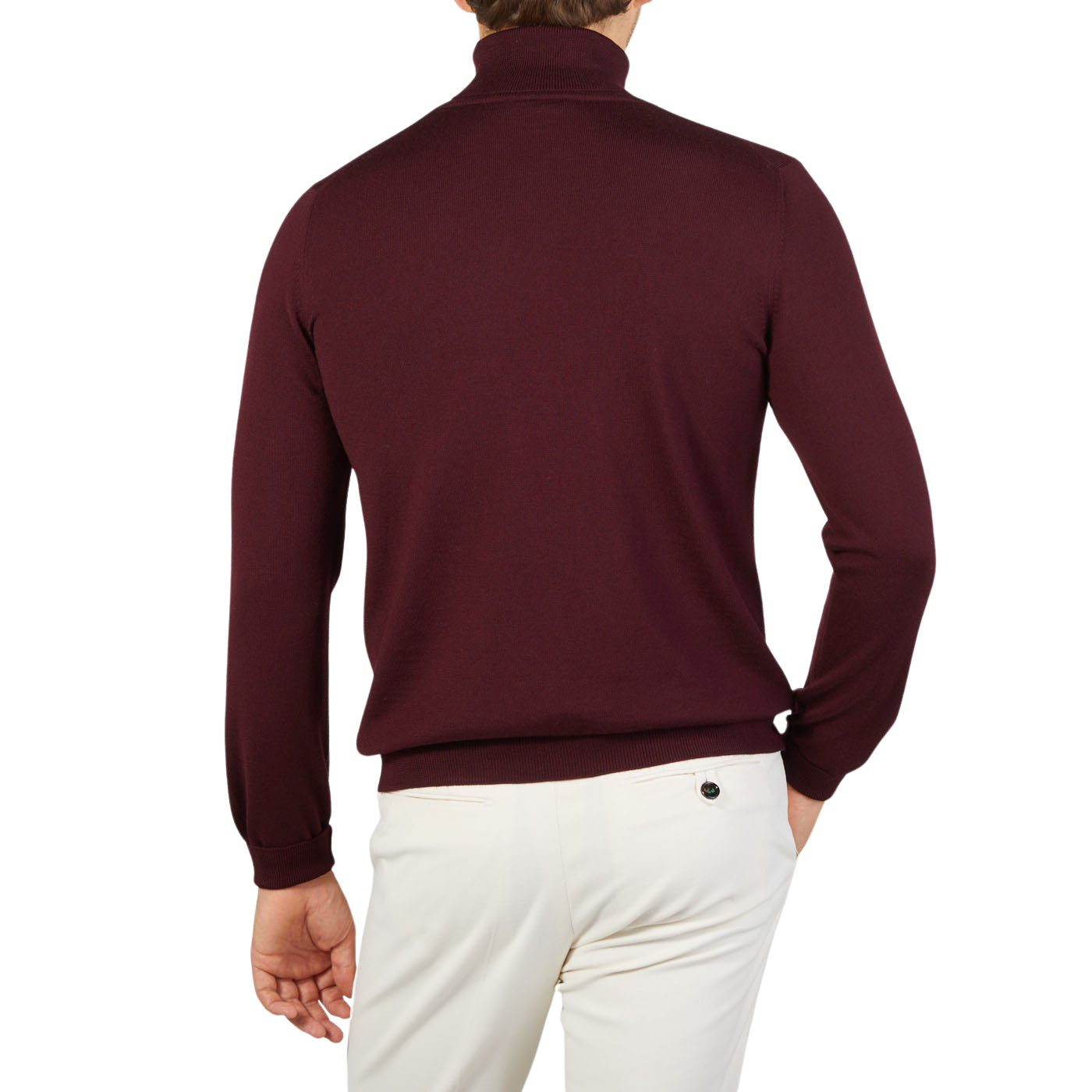 The back view of a man wearing a Gran Sasso Wine Melange Extra Fine Merino Roll Neck made of super soft extra fine wool.