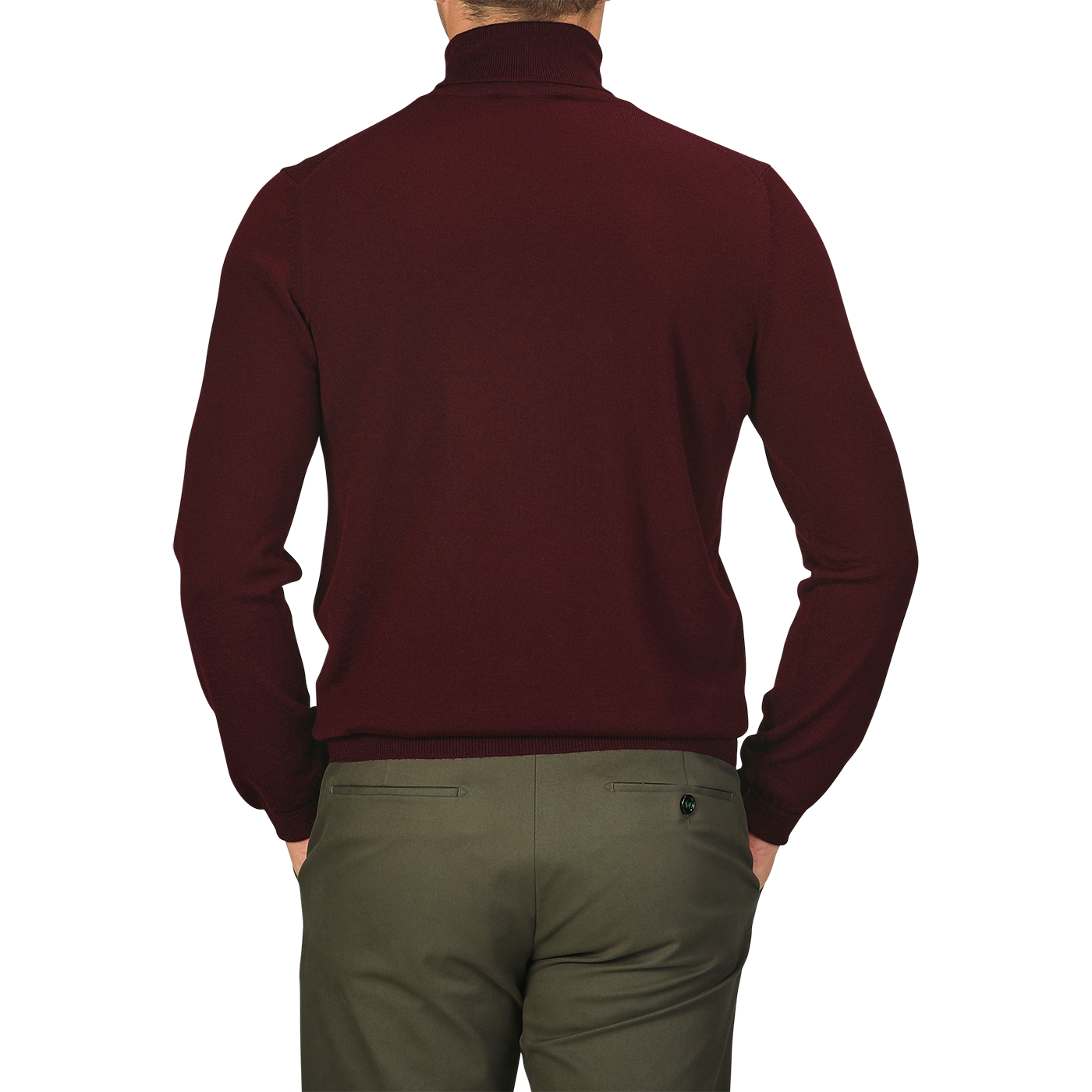 A man wearing a Gran Sasso Wine Melange Extra Fine Merino Roll Neck and dark green trousers is shown from the back.