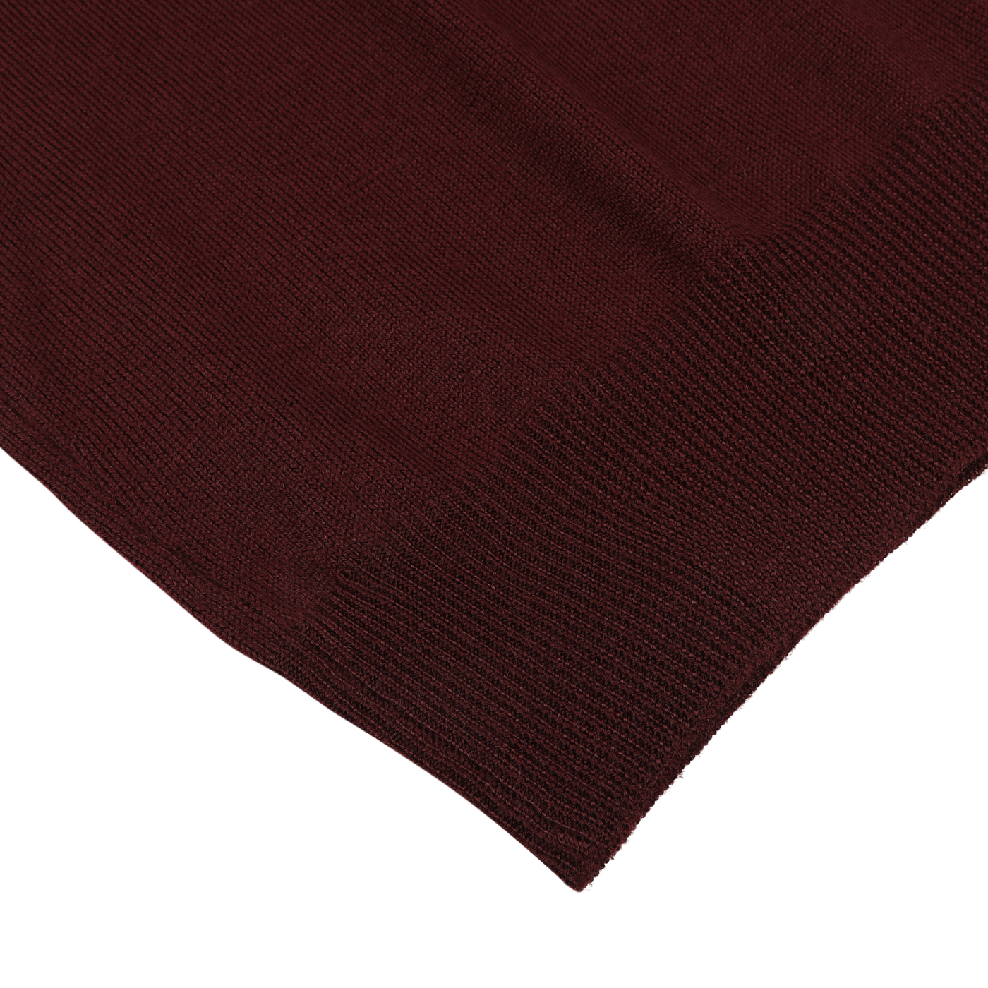 Close-up of the edge of a Wine Melange Extra Fine Merino Roll Neck by Gran Sasso, showcasing the defined ribbed pattern crafted from extra fine wool.