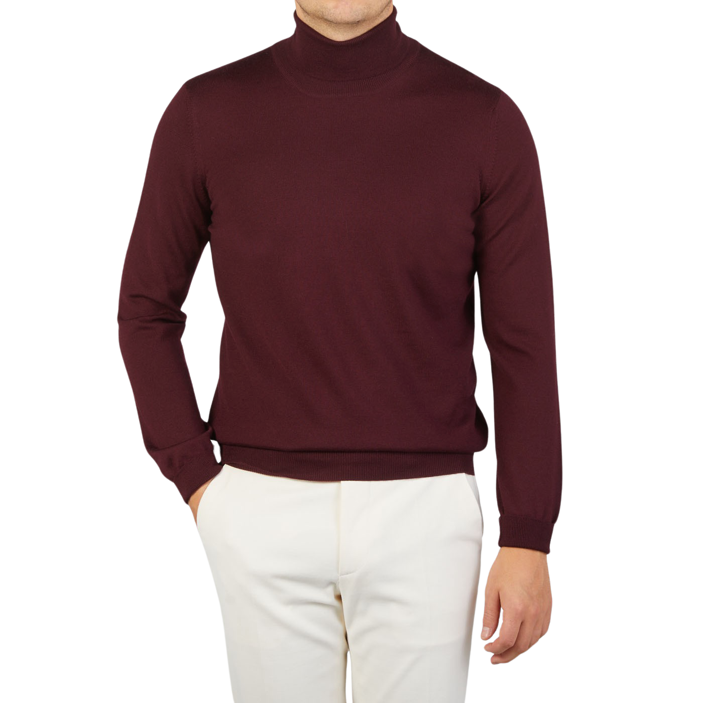 A man wearing a Wine Melange Extra Fine Merino Roll Neck sweater by Gran Sasso in super soft extra fine wool.