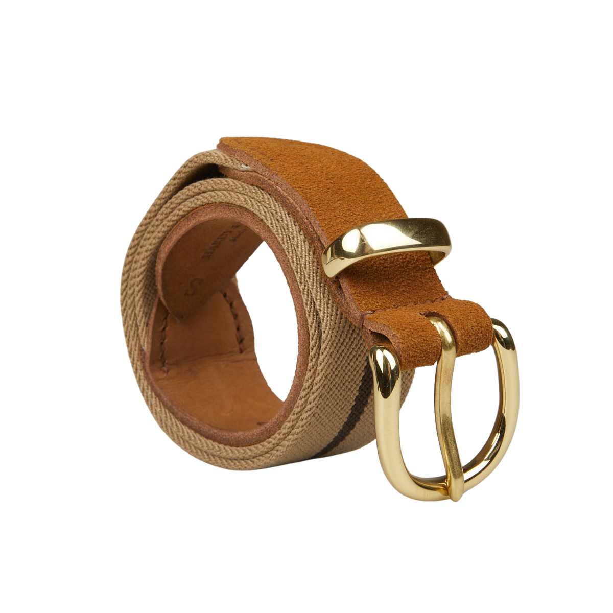 A Beige Brown Striped Canvas Cognac Suede 35mm Belt with a gold buckle by Hardy & Parsons.