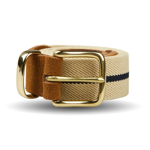 A Beige Striped Canvas Cognac Suede 35mm Belt from the Hardy & Parsons brand with a gold buckle.