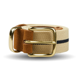 A Beige Striped Canvas Cognac Suede 35mm Belt from the Hardy & Parsons brand with a gold buckle.