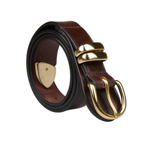 A Dark Brown Saddle Leather 35mm belt from Hardy & Parsons with a gold buckle.
