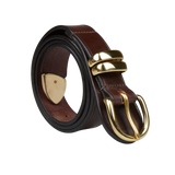 A Dark Brown Saddle Leather 35mm belt from Hardy & Parsons with a gold buckle.