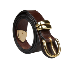 A Dark Brown Saddle Leather 35mm belt from Hardy & Parsons with a gold buckle.