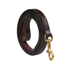A Hardy & Parsons Dark Brown Saddle Leather Dog Leash with brass hardware.