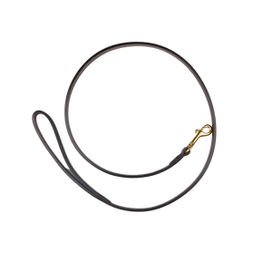 A Dark Brown Saddle Leather Dog Leash with a gold hook, made by Hardy & Parsons.
