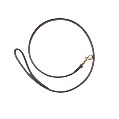 A Dark Brown Saddle Leather Dog Leash with a gold hook, made by Hardy & Parsons.